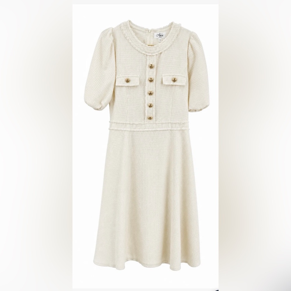 Cream Tweed Dress with Gold Buttons